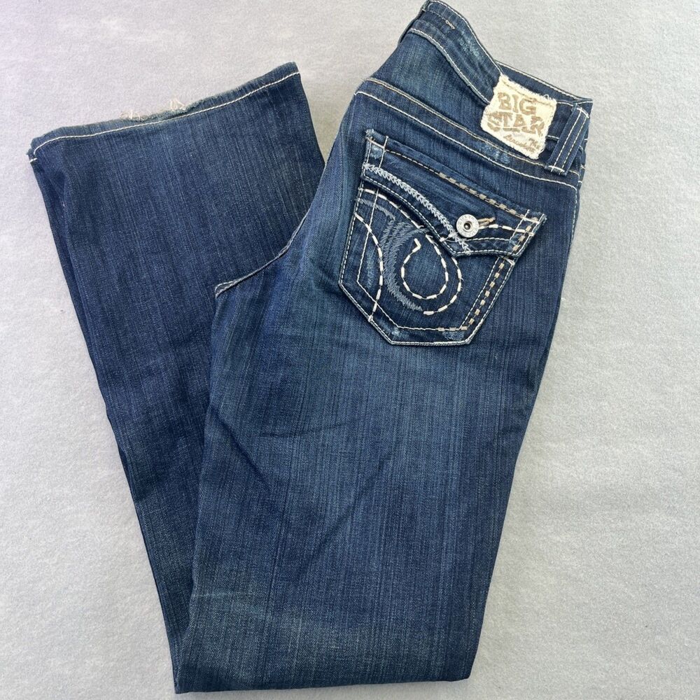 Big Star Maddie Mid Rise Fit Jeans Flare Boot FLAP POCKETS Womens 28 Thick Stitc